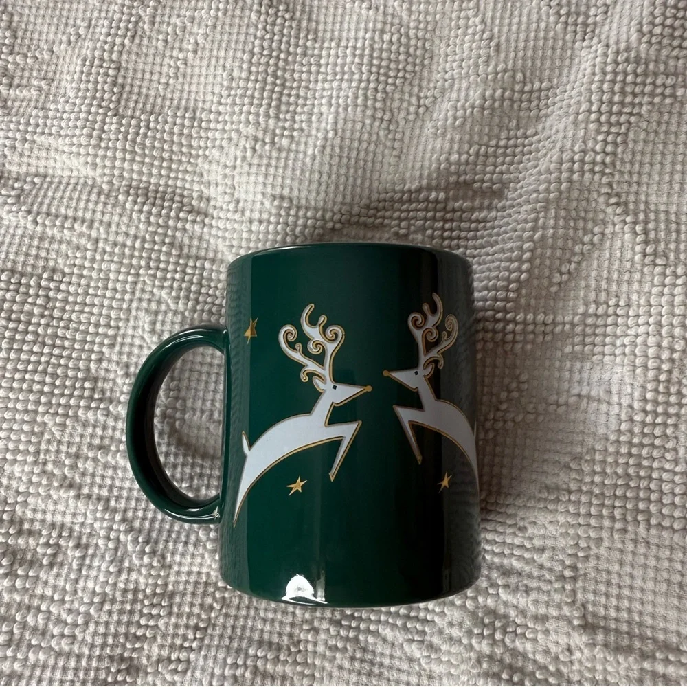 Pier 1 Imports Christmas Reindeer Coffee Mug Green Gold Holiday Ceramic 4in